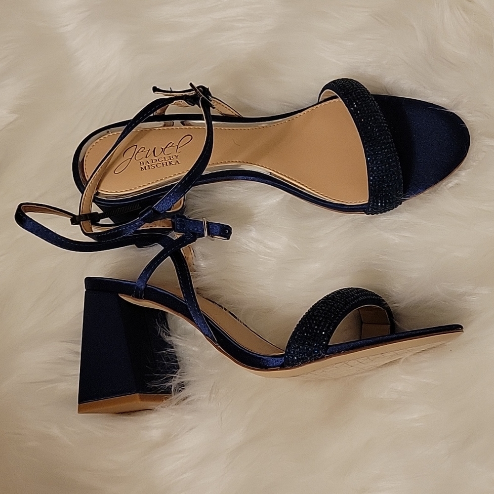 Jewel Badgley Mischka navy blue beaded block heel sandals ankle strap sz…6 NEW